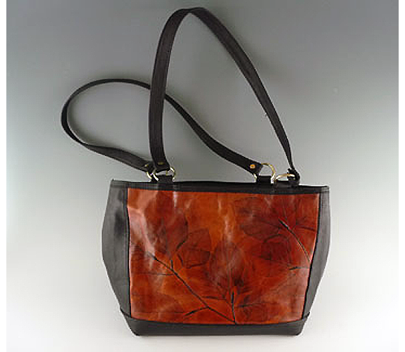 Leaf Leather Tooled Leather Bag with Two Zippered Pouches and Credit Card and Pen Holders